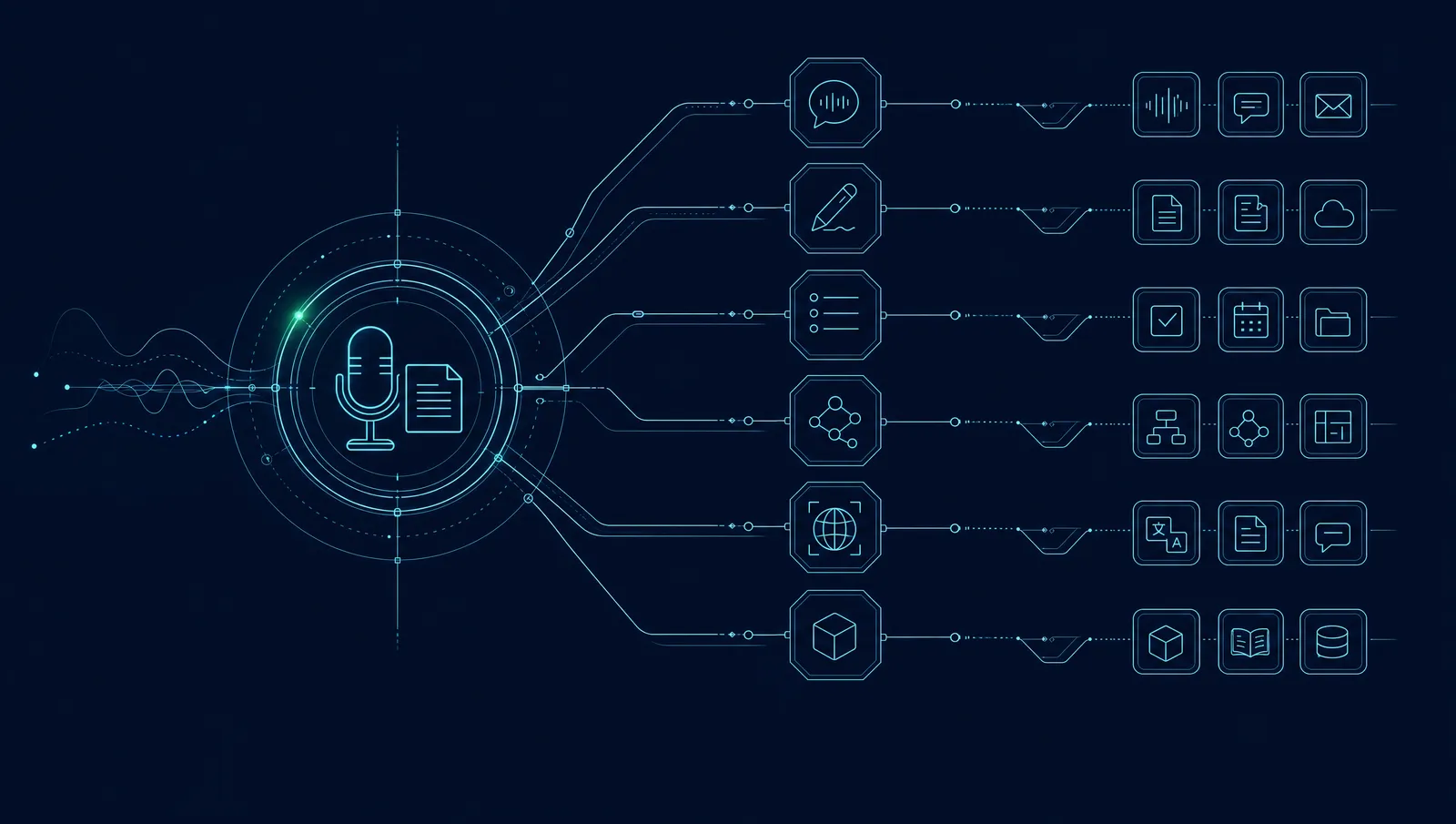 Blueprint-style line illustration of a central microphone and clinical note branching into several alternative AI scribe tool nodes on a dark navy background.