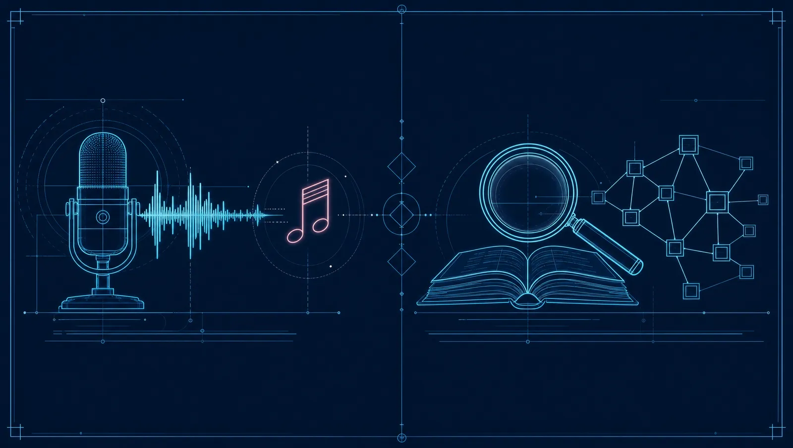 Blueprint-style line illustration contrasting an ambient scribe (microphone, waveform, note) with an evidence engine (magnifying glass, book, citation graph) on a dark navy background.