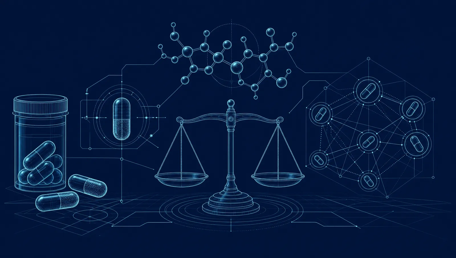 Blueprint-style line illustration of pill capsules, a molecular structure, a balance scale, and a drug-interaction network on a dark navy background.