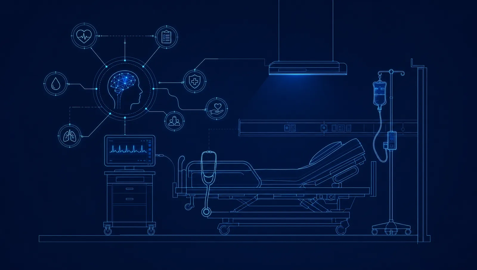 Blueprint-style line illustration of bedside clinical AI for nurses: a vital-signs monitor with a heart-rate waveform, an IV drip, and a stethoscope on a dark navy background.