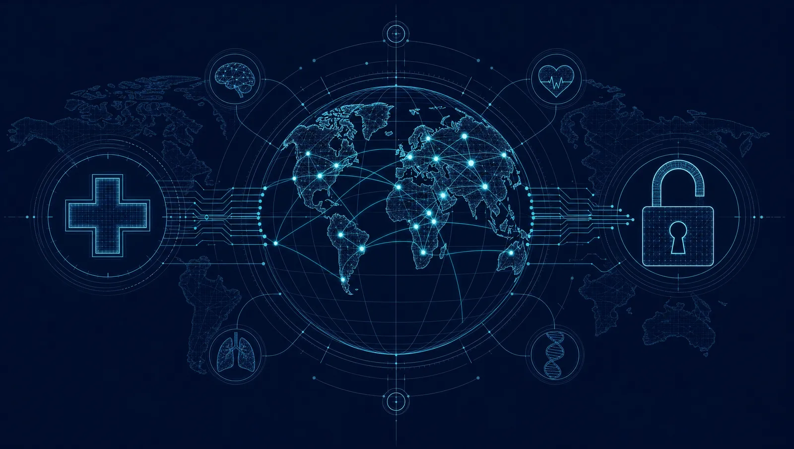 Blueprint-style line illustration of global access to medical AI: a wireframe globe with connection nodes across continents, a medical cross, and an open padlock on a dark navy background.