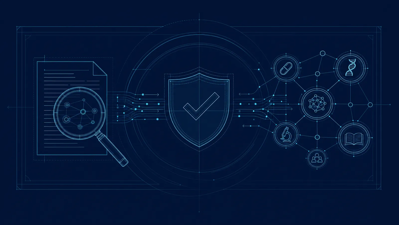 Blueprint-style line illustration of a shield with a checkmark, a magnifying glass over a document, and a network of clinical evidence sources on a dark navy background.