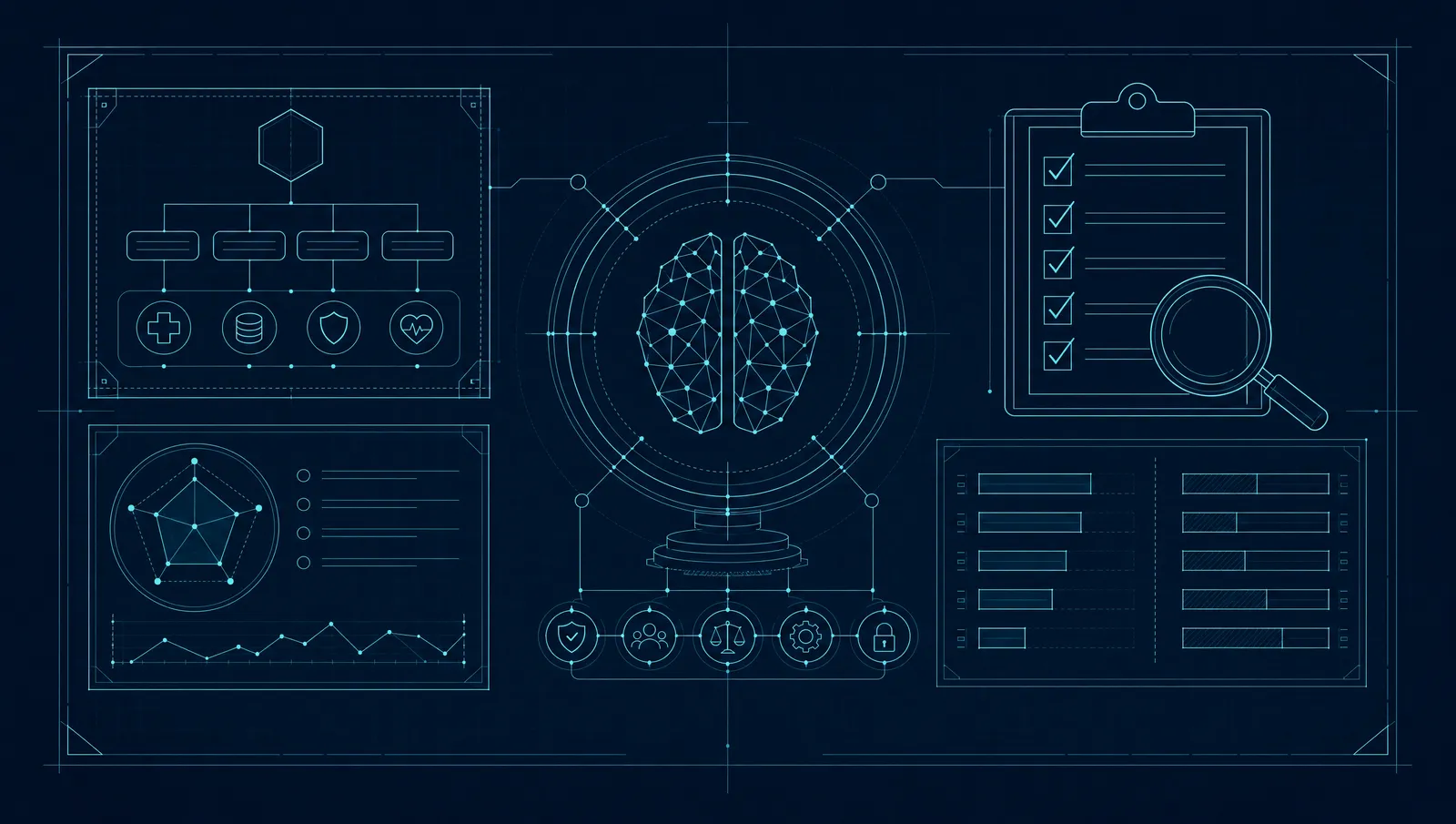 Blueprint-style line illustration of a clinical AI evaluation framework: a checklist clipboard, a magnifying glass, gauges, and comparison charts on a dark navy background.