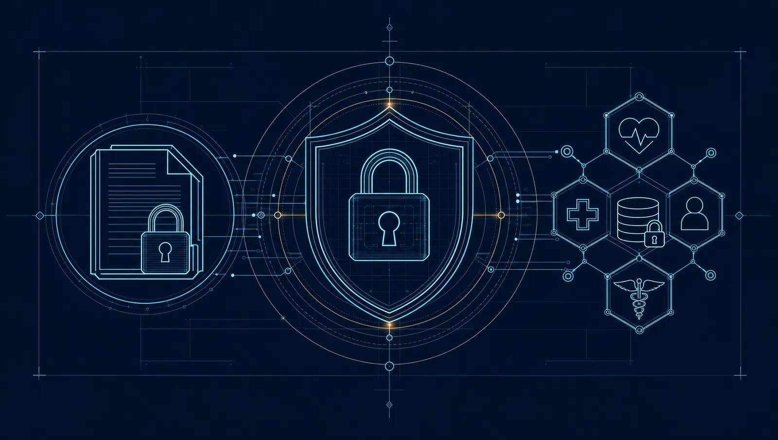 Blueprint-style line illustration of medical data privacy and HIPAA compliance: a padlock inside a shield, a locked document, and a protected data network on a dark navy background.