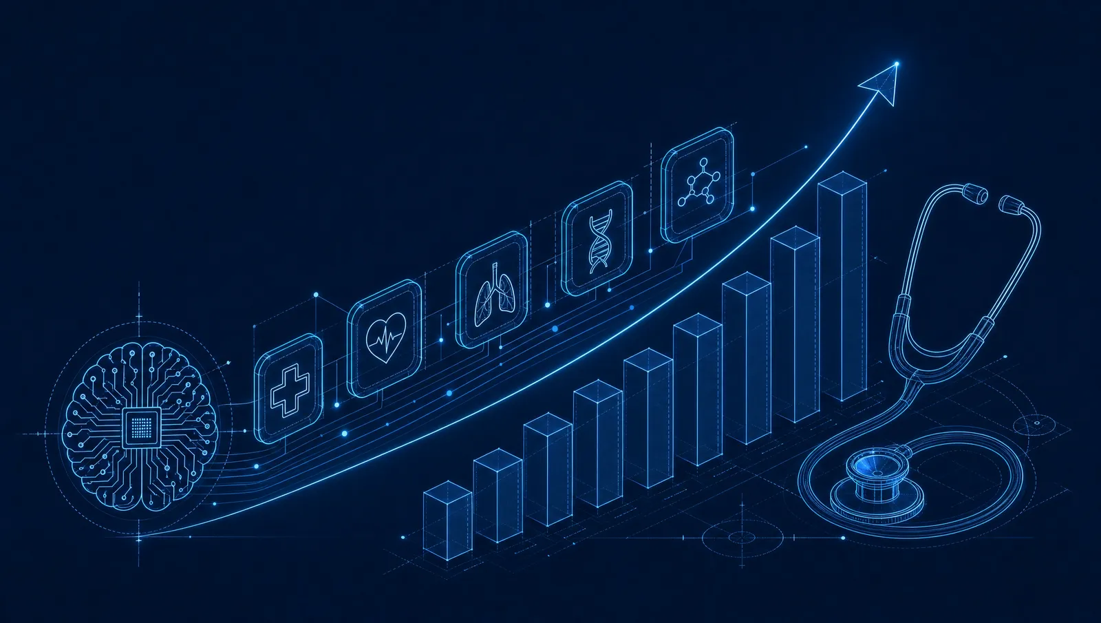 Blueprint-style line illustration of medical AI adoption by doctors: a rising bar chart, an upward trend arrow, app tiles, and a stethoscope on a dark navy background.