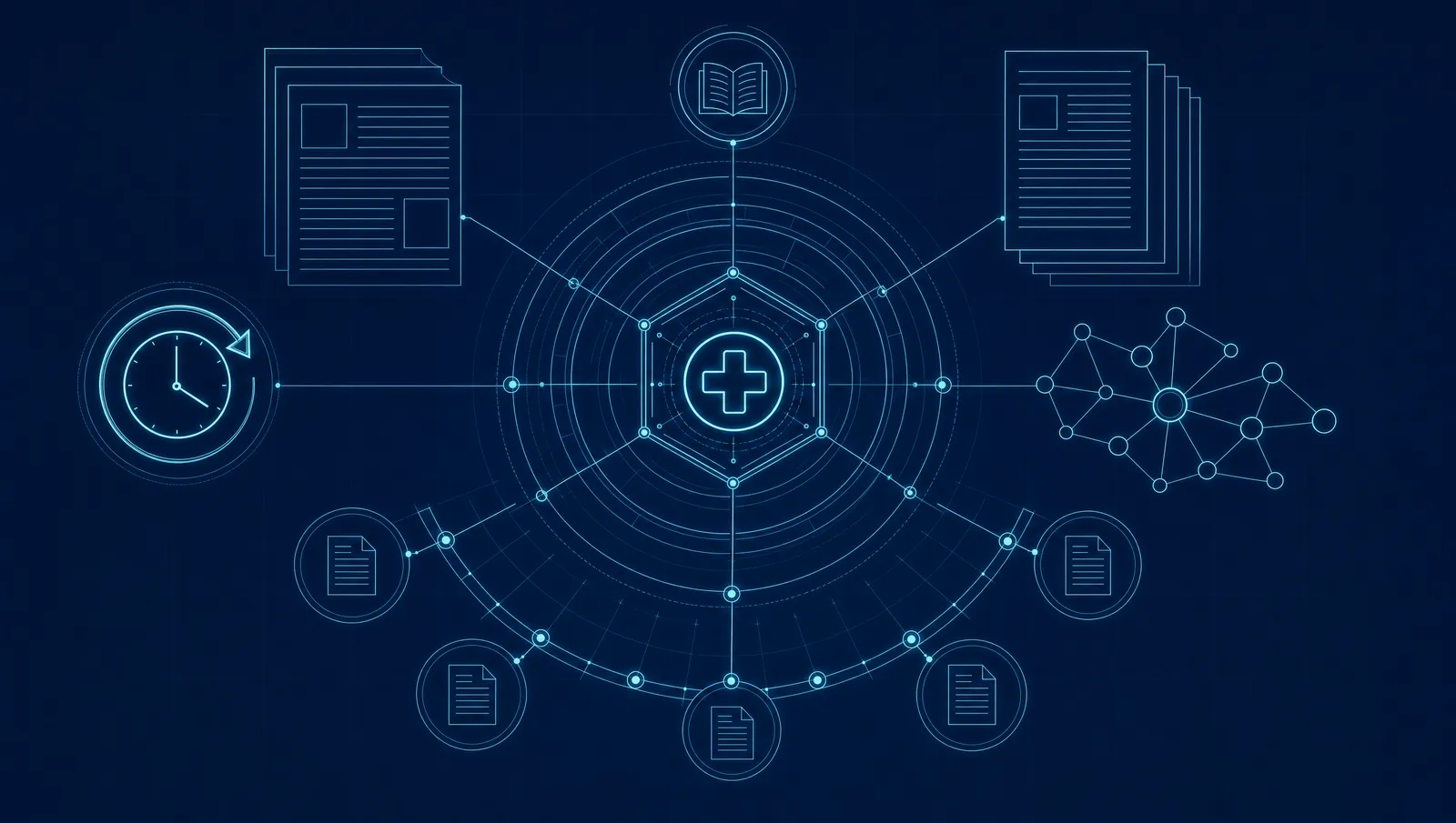 Blueprint-style line illustration of up-to-date evidence-based clinical decision support: journal pages, a clock with a refresh symbol, and an evidence citation network on a dark navy background.