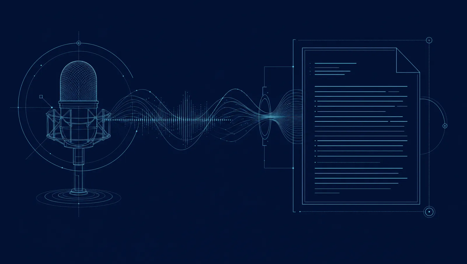 Blueprint-style line illustration of a microphone, a sound waveform, and a clinical note, representing an ambient AI scribe, on a dark navy background.