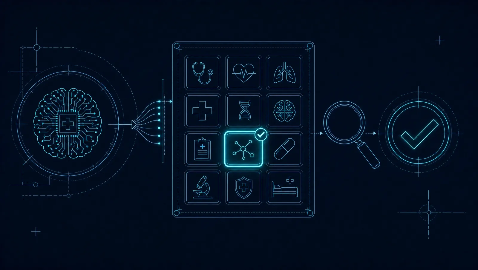 Blueprint-style line illustration of choosing a medical AI app: a grid of app tiles with one highlighted, a magnifying glass, and a checkmark on a dark navy background.